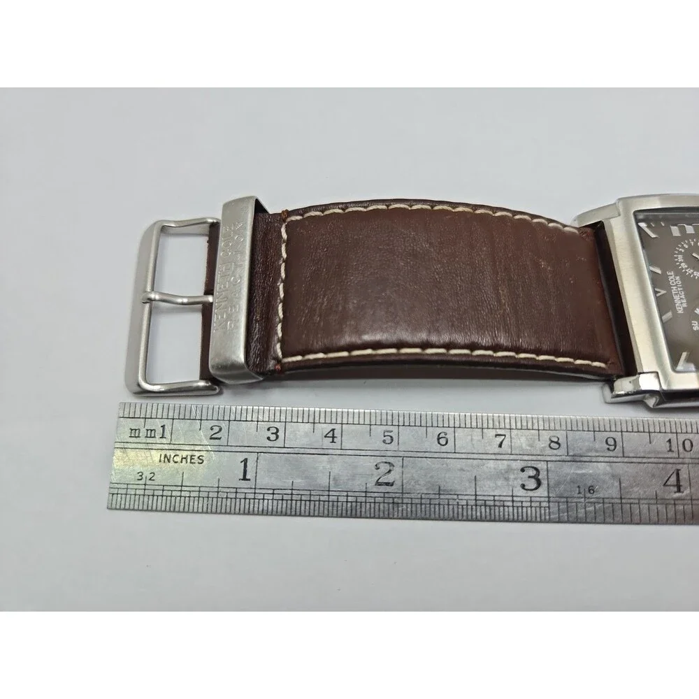 Kenneth Cole Reaction Mens Tank Brown Dial Date Leather Watch New Battery *READ